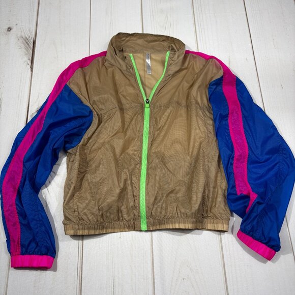 Fabletics Large Women Cropped Windbreaker Lightweight Jacket Neon 80s Colorblock - Picture 1 of 13